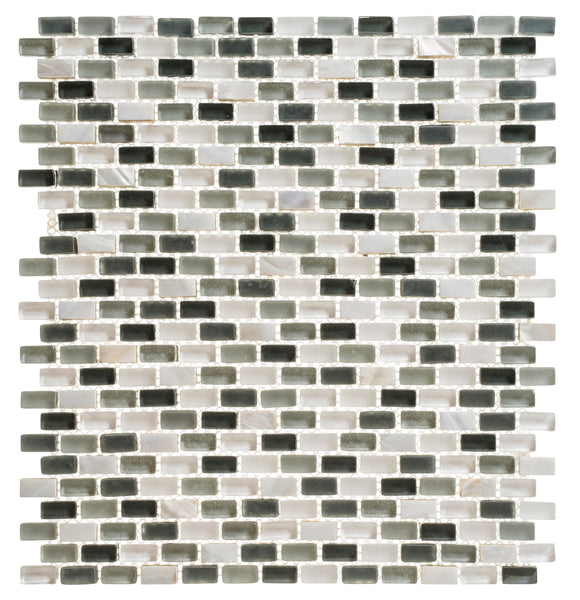 Americana Glass Mosaic: rectangular wall tile sheet with a staggered brick pattern, featuring small glass tiles in white, gray, and green on a white mesh backing.