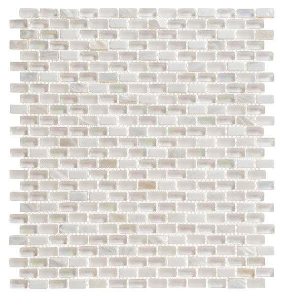 The Americana Glass Mosaic features small, glossy, iridescent white rectangular tiles in a horizontal brick pattern with thin beige grout lines, creating a neutral and elegant look.