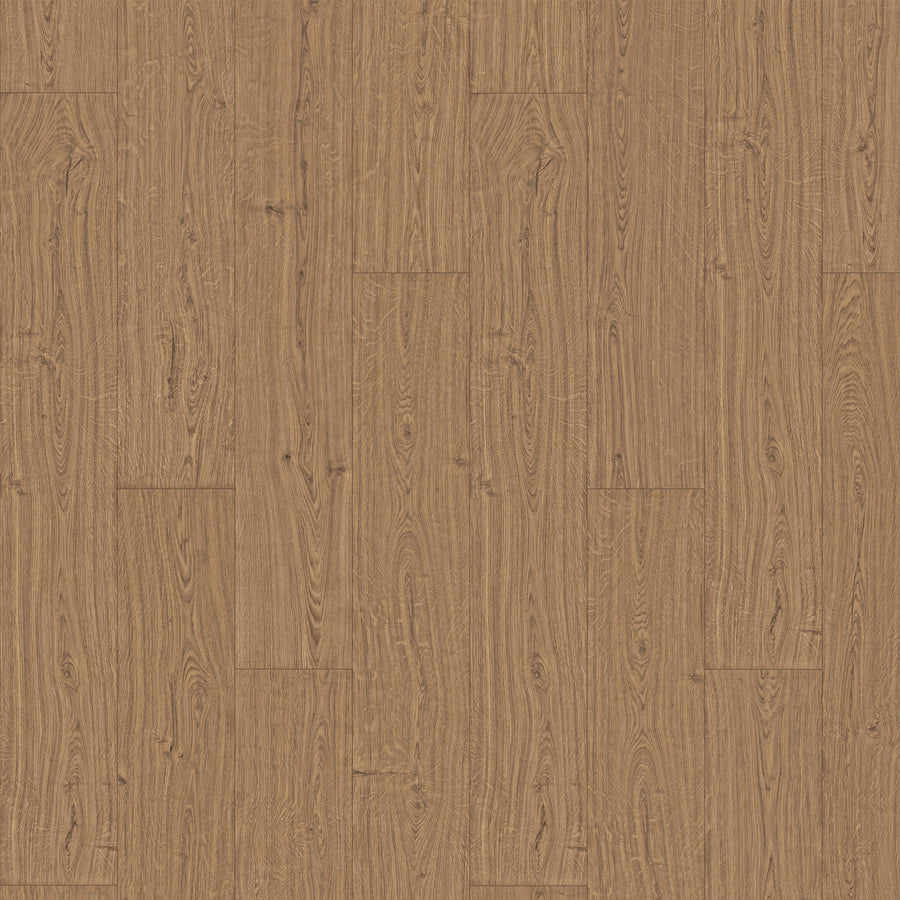 A close-up of Pearl City 8.34" Waterproof Laminate shows its scratch-resistant, light brown planks with natural grain patterns and knots, neatly arranged in a parallel layout.