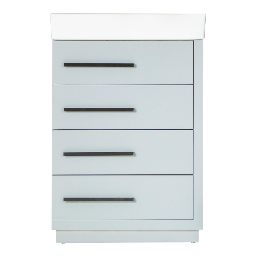 The Adora 24" Vanity is a modern, light gray bathroom piece with four drawers, horizontal black handles, and a sleek white porcelain top for a refined, minimalist look.