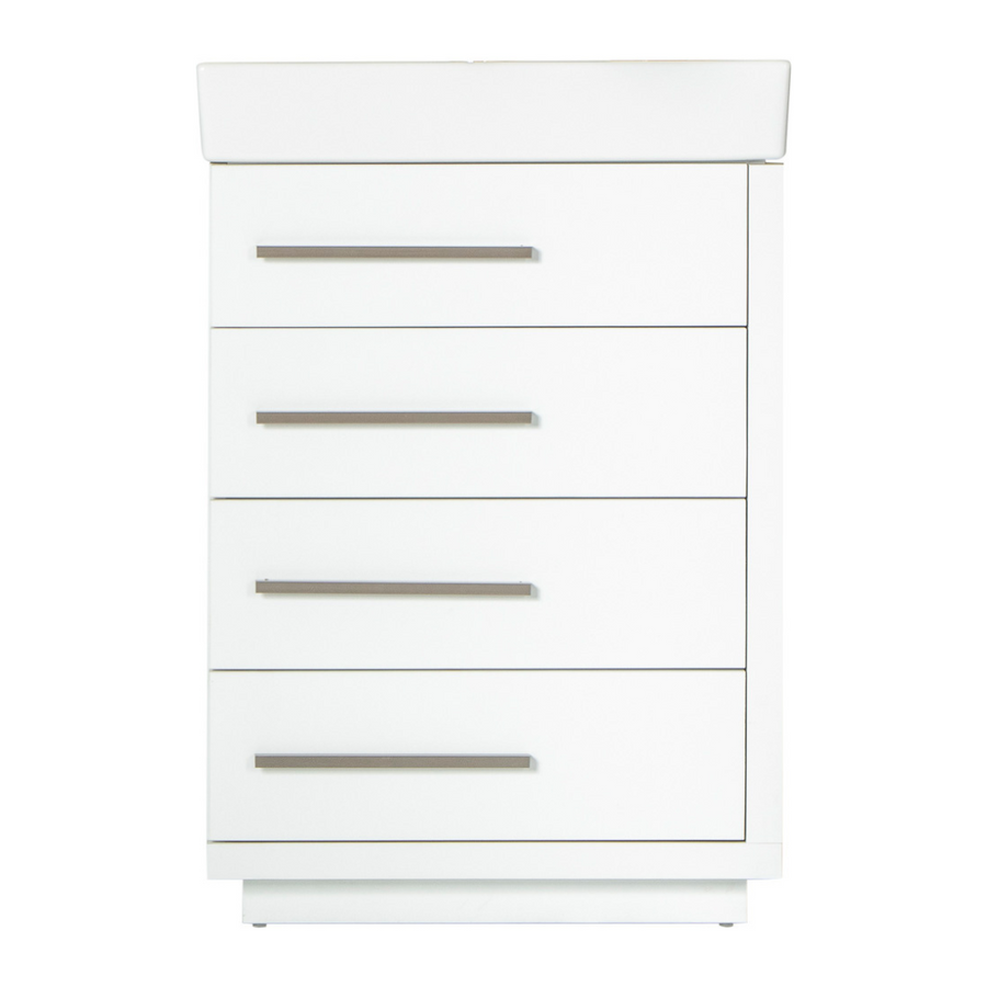 The Adora 24" Vanity is a white four-drawer dresser with sleek silver handles and a smooth porcelain top, standing on a flat base—ideal as a modern bathroom vanity.
