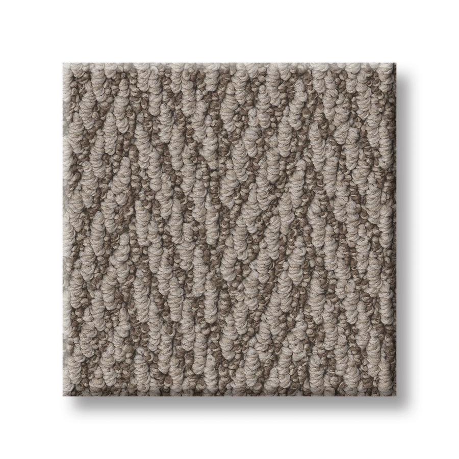 A square sample of Always Natural On Trend Carpet in beige and taupe, featuring a textured looped surface with a stylish herringbone pattern, displayed on a white background.