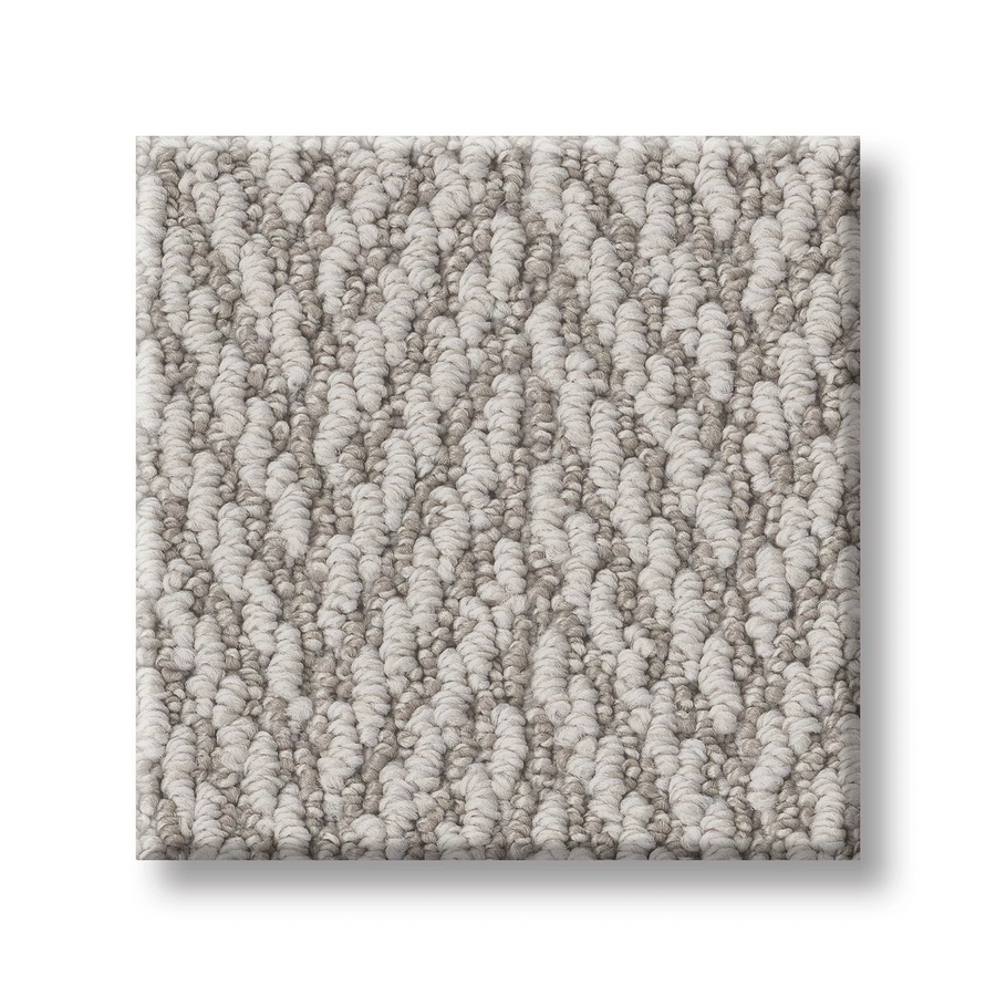 A square sample of Always Natural On Trend Carpet in light gray, featuring a textured loop pile and subtle herringbone pattern, is shown against a white background.