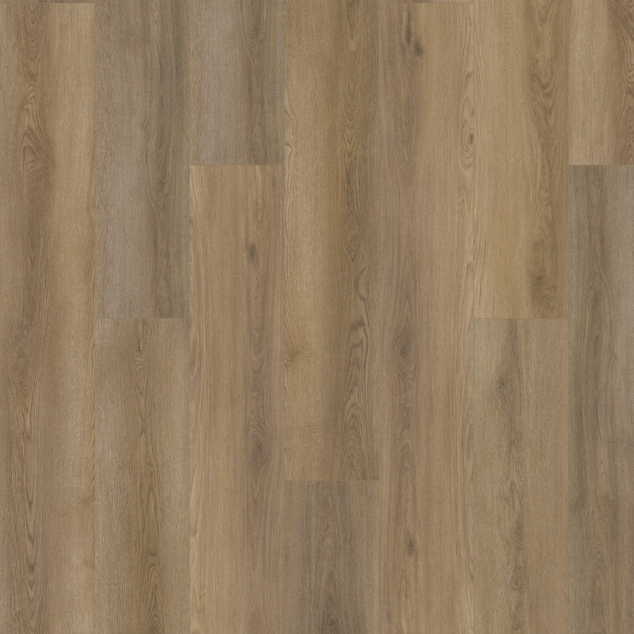 Close-up view of Amber Escape 9" Vinyl Plank flooring, featuring wide planks with varied brown and tan grain patterns in a staggered layout. This scratch-resistant surface boasts a smooth, matte finish.