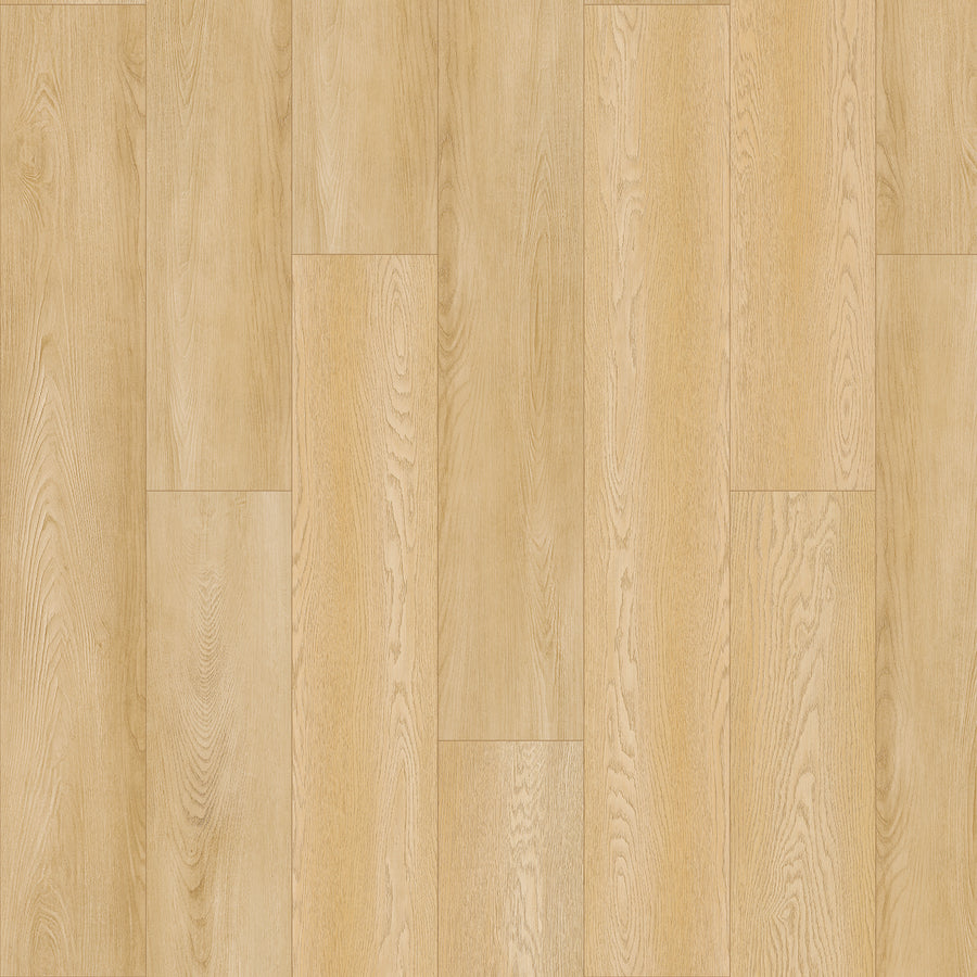 Amber Escape 9" Vinyl Plank features wide, light-toned planks with a natural grain pattern in a staggered layout. Its smooth, even finish is scratch-resistant for lasting beauty and durability.