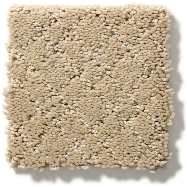 A square sample of Mosaic Family Friendly Carpet in beige, featuring a subtle diamond pattern and a plush, textured surface made from stain-resistant continuous filament nylon.