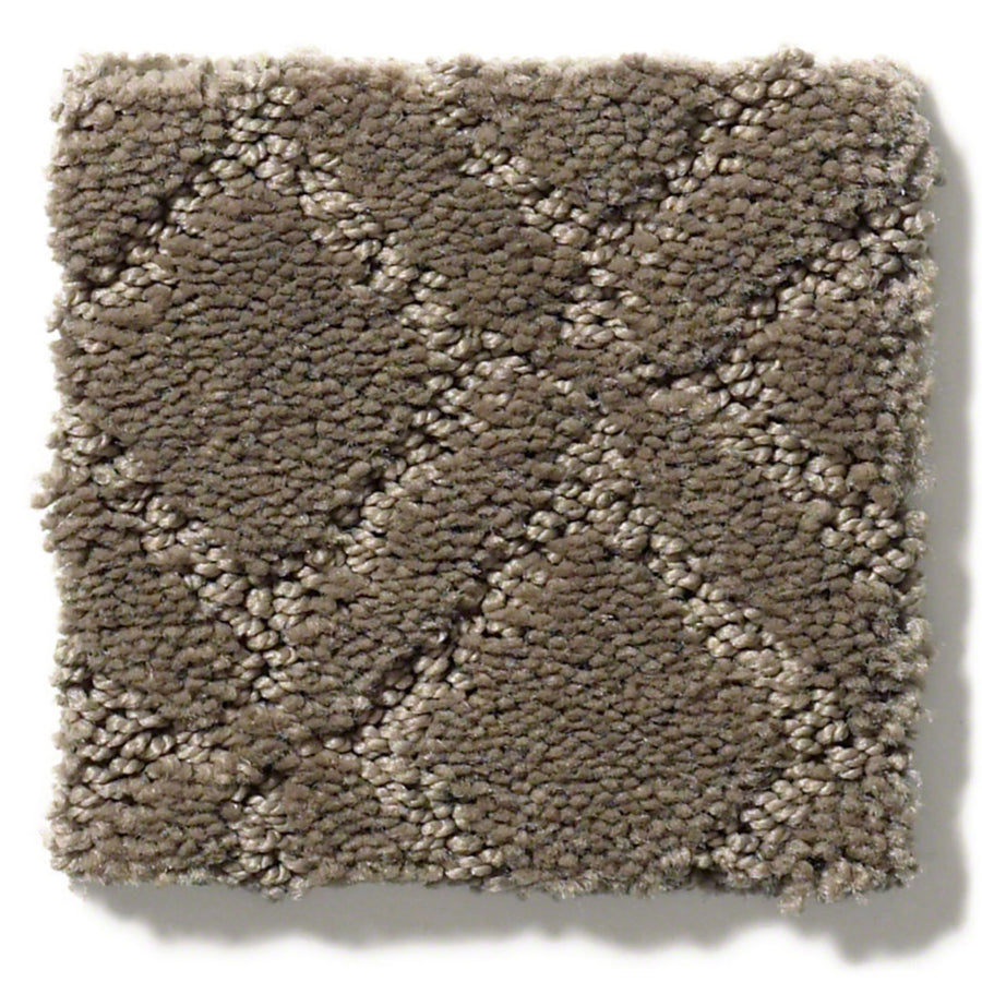 The Muse On Trend Carpet sample is square and taupe, showcasing a diamond box grid pattern with alternating loop and cut pile fibers. Its neutral shades enhance the soft, plush look.