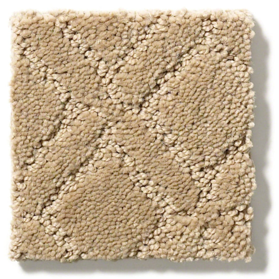 Muse On Trend Carpet sample in square beige features a raised diamond lattice box grid pattern in neutral tones, using slightly darker, thicker yarn for added texture and a richly detailed look.