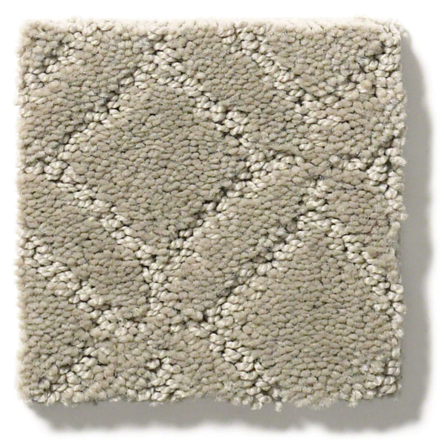 Muse On Trend Carpet sample: a square piece in light beige with a continuous pattern of subtle diamonds in neutral tones, created by textured raised and lower loops in the pile.