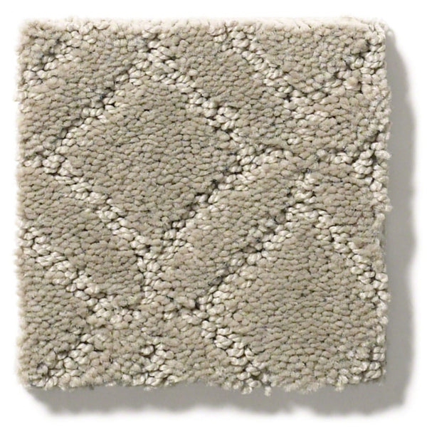 Muse On Trend Carpet sample: a square piece in light beige with a continuous pattern of subtle diamonds in neutral tones, created by textured raised and lower loops in the pile.