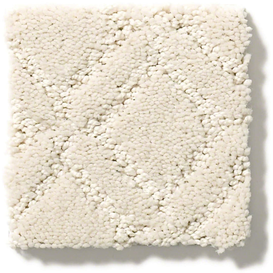 Muse On Trend Carpet sample: off-white square with a subtle diamond pattern in neutral tones, blending textured and smooth, tightly woven fibers.