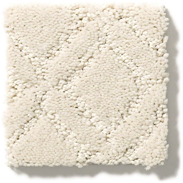 Muse On Trend Carpet sample: off-white square with a subtle diamond pattern in neutral tones, blending textured and smooth, tightly woven fibers.