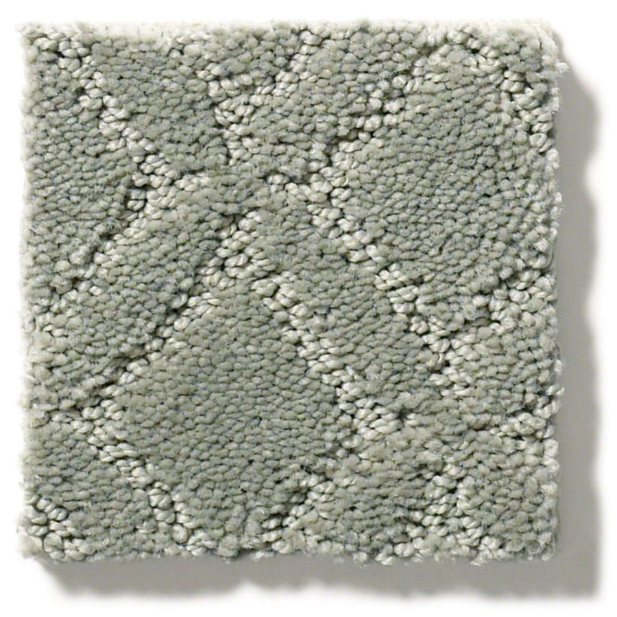 A square sample of Muse On Trend Carpet in light gray, featuring a textured diamond box grid pattern with both looped and cut pile fibers for subtle contrast and neutral tones.