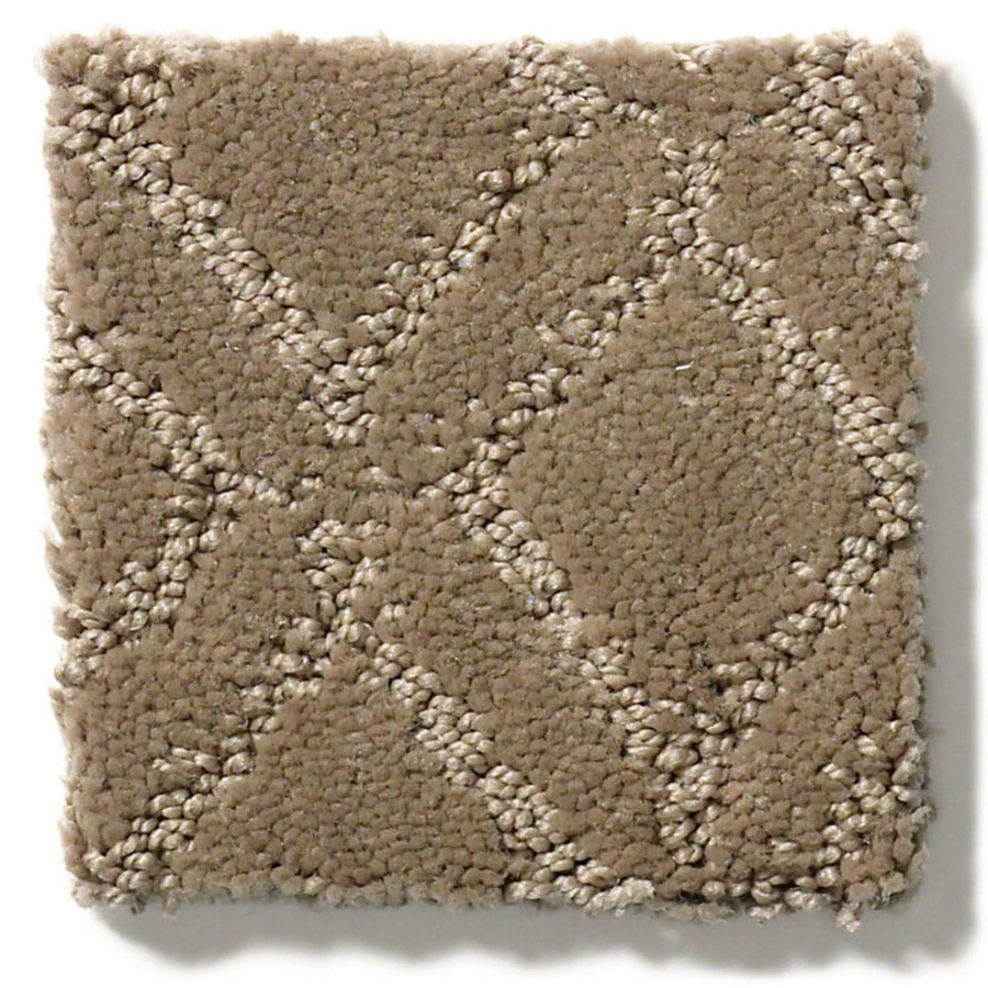 Muse On Trend Carpet sample: square, neutral light brown tones with a soft, plush texture and a subtle raised diamond pattern in slightly lighter beige.