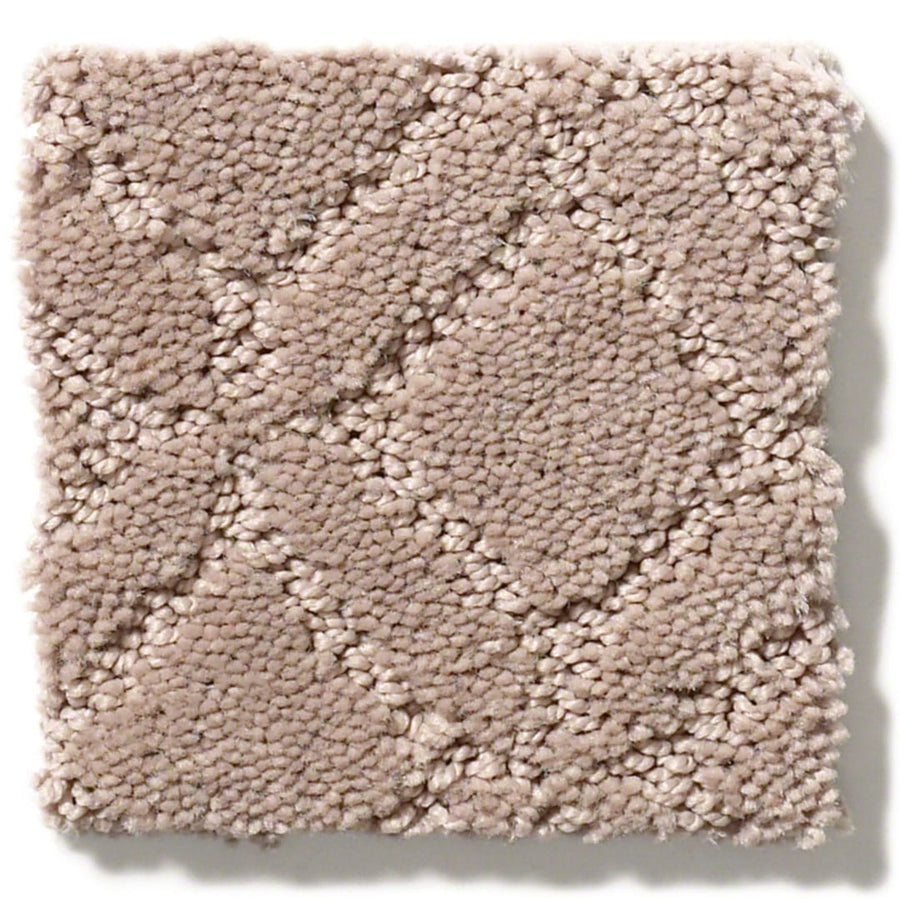 Muse On Trend Carpet: A square beige swatch featuring neutral shades and a textured diamond box grid pattern, with a mix of looped and cut pile fibers for extra dimension.