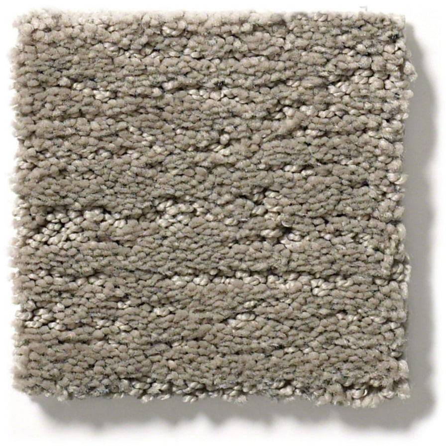 A square sample of Sketch On Trend Carpet in light gray with a soft, plush textured surface made from soil- and stain-resistant nylon, displayed on a white background.