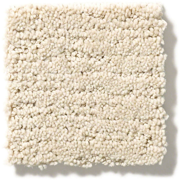 A square sample of Sketch On Trend Carpet, featuring a soft, plush, off-white textured looped pile in a nature-inspired neutral tone, shown on a white background.
