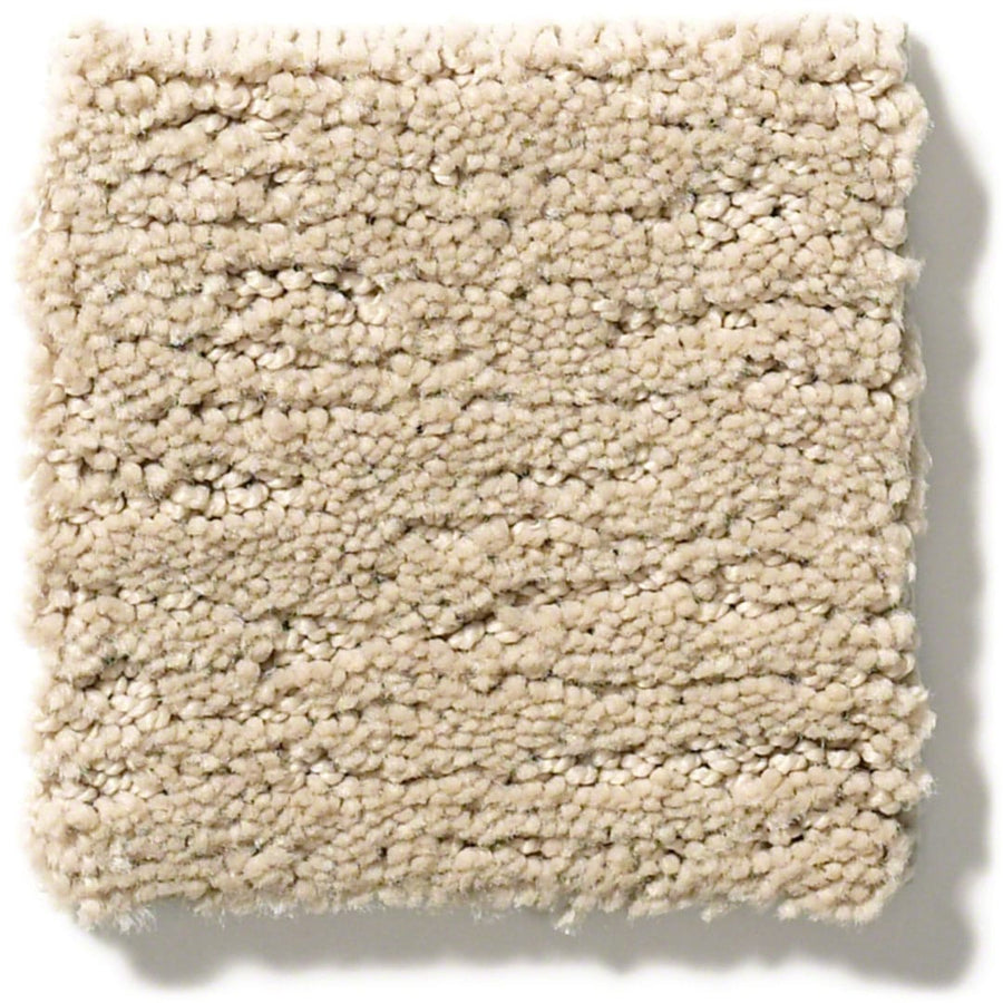A close-up of a square swatch of Sketch On Trend Carpet in beige, nature-inspired neutrals, featuring a soft, looped pile with slightly uneven nylon fibers that resist soil and stains.