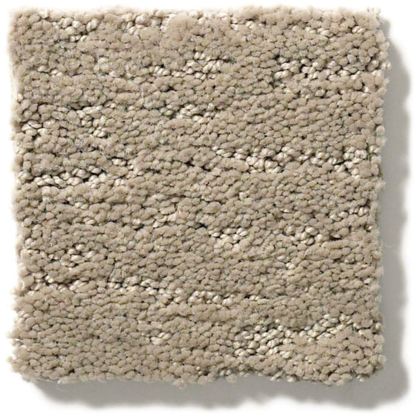 The Sketch On Trend Carpet is a square beige sample with a looped pile, subtle horizontal stripes in nature-inspired neutrals, and is made from soil- and stain-resistant nylon.