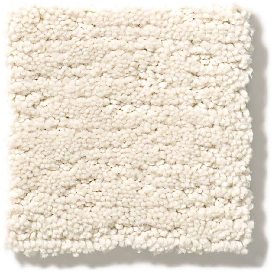 A square swatch of Sketch On Trend Carpet in off-white nature-inspired neutrals, featuring textured, soil- and stain-resistant nylon with a soft, plush look and a subtly irregular woven pattern.