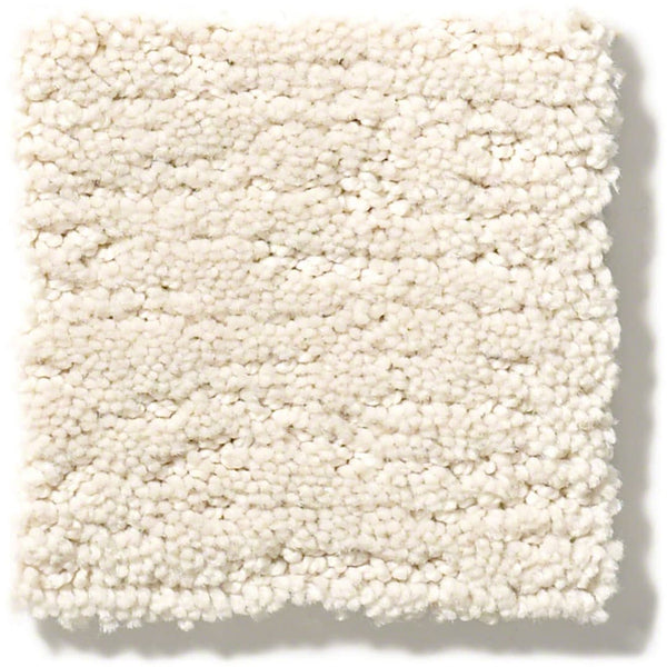 A square swatch of Sketch On Trend Carpet in off-white nature-inspired neutrals, featuring textured, soil- and stain-resistant nylon with a soft, plush look and a subtly irregular woven pattern.