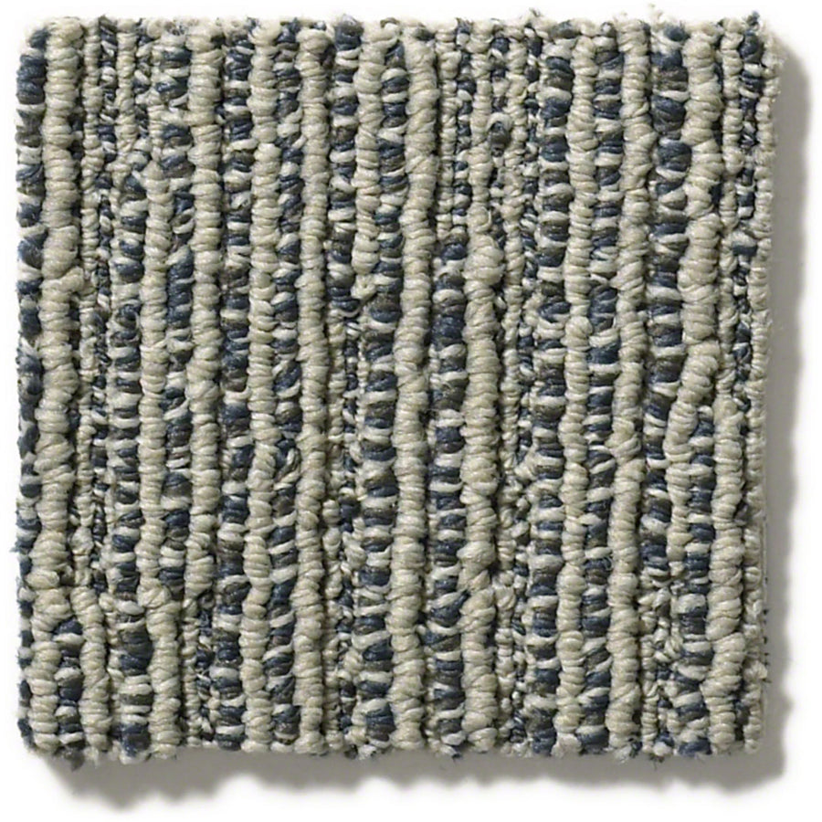 The Chase Pet Friendly Carpet sample is square with a soft linear texture, showcasing a patterned loop pile in alternating light gray and dark blue yarns for a stylish striped look.