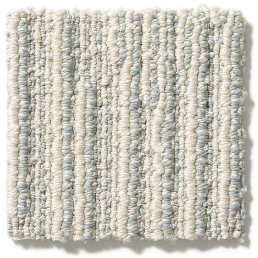 The Chase Pet Friendly Carpet sample is square with a soft linear texture and looped pile, showcasing vertical stripes in off-white and pale gray. Its tightly woven fibers create a plush look with stylish neutral tones.