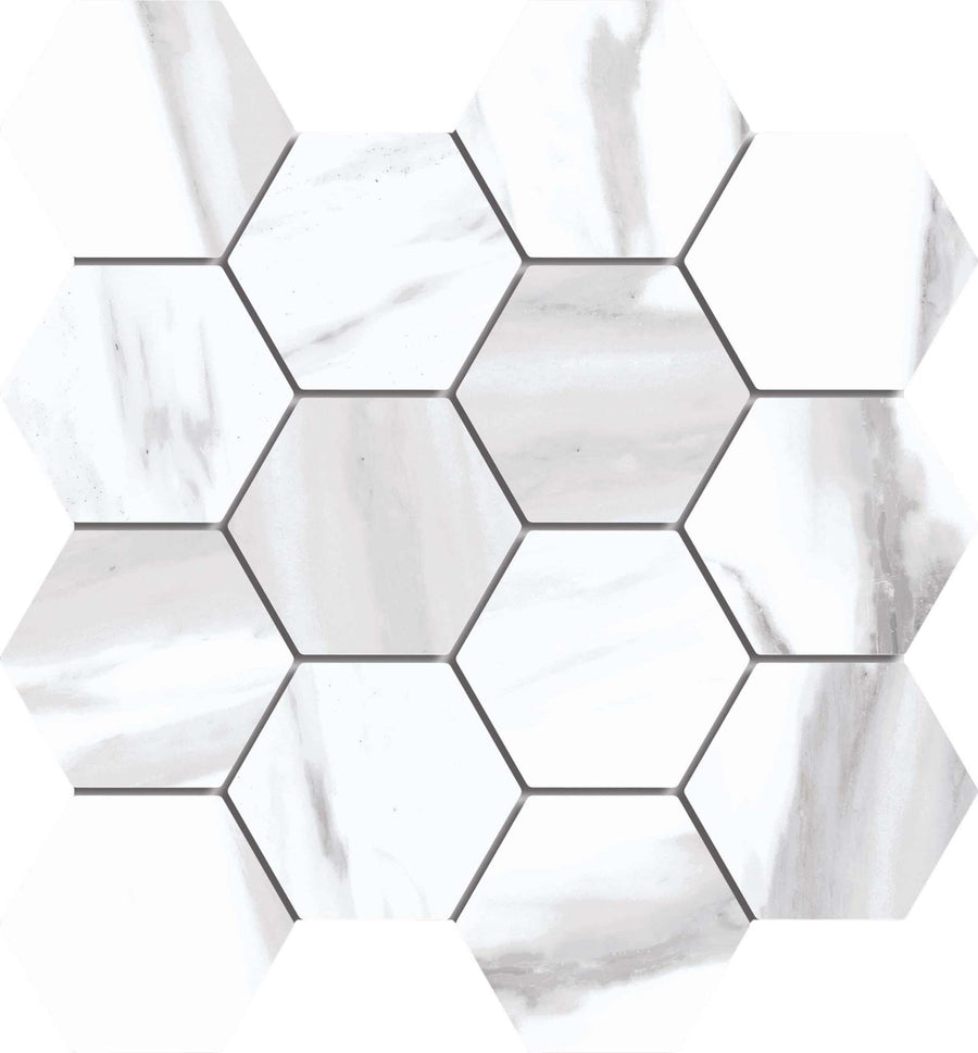 Angel Falls 3" Hexagon Mosaic Porcelain Tile features white and light gray marble-look porcelain in a honeycomb pattern with subtle veining, ideal for floor and wall applications and offering a timeless design.