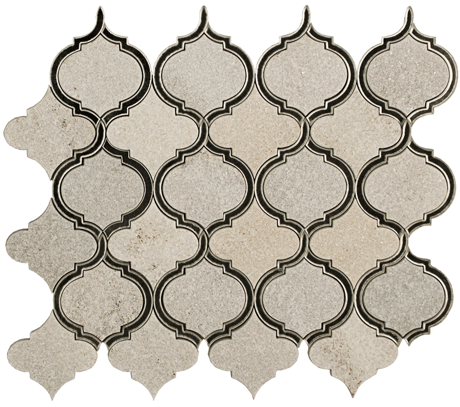 The MJ Vision Lantern Mosaic features interlocking beige and light gray arabesque shapes with dark outlines, crafted from natural stone for a repeating geometric pattern on a white background.