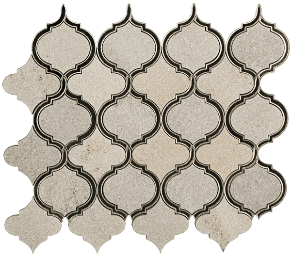 The MJ Vision Lantern Mosaic features interlocking beige and light gray arabesque shapes with dark outlines, crafted from natural stone for a repeating geometric pattern on a white background.