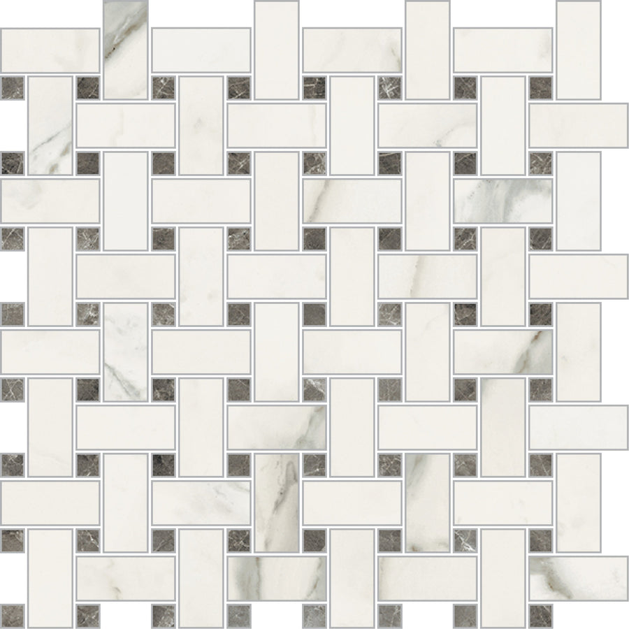 The Michelangelo Basketweave Mosaic Porcelain Tile features a mix of white and light gray rectangular tiles in a basket weave pattern with small dark gray square accents, creating a modern look ideal for contemporary spaces.