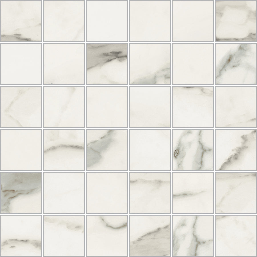 A grid of Michelangelo 2x2 Mosaic Porcelain Tiles features a glossy white finish with subtle gray marbling and thin grout lines, making it perfect for contemporary spaces.