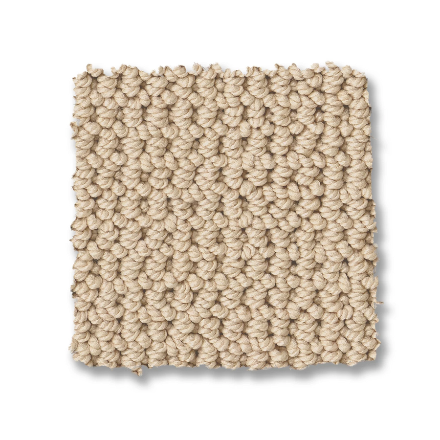 A square sample of Arden Park Berber Carpet in beige, featuring a looped-pile, textured surface reminiscent of natural sisal, is displayed on a white background.