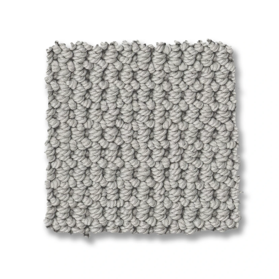 A square sample of Arden Park Berber Carpet in light gray, featuring tightly-woven, rounded fibers reminiscent of natural sisal, is displayed on a white background.