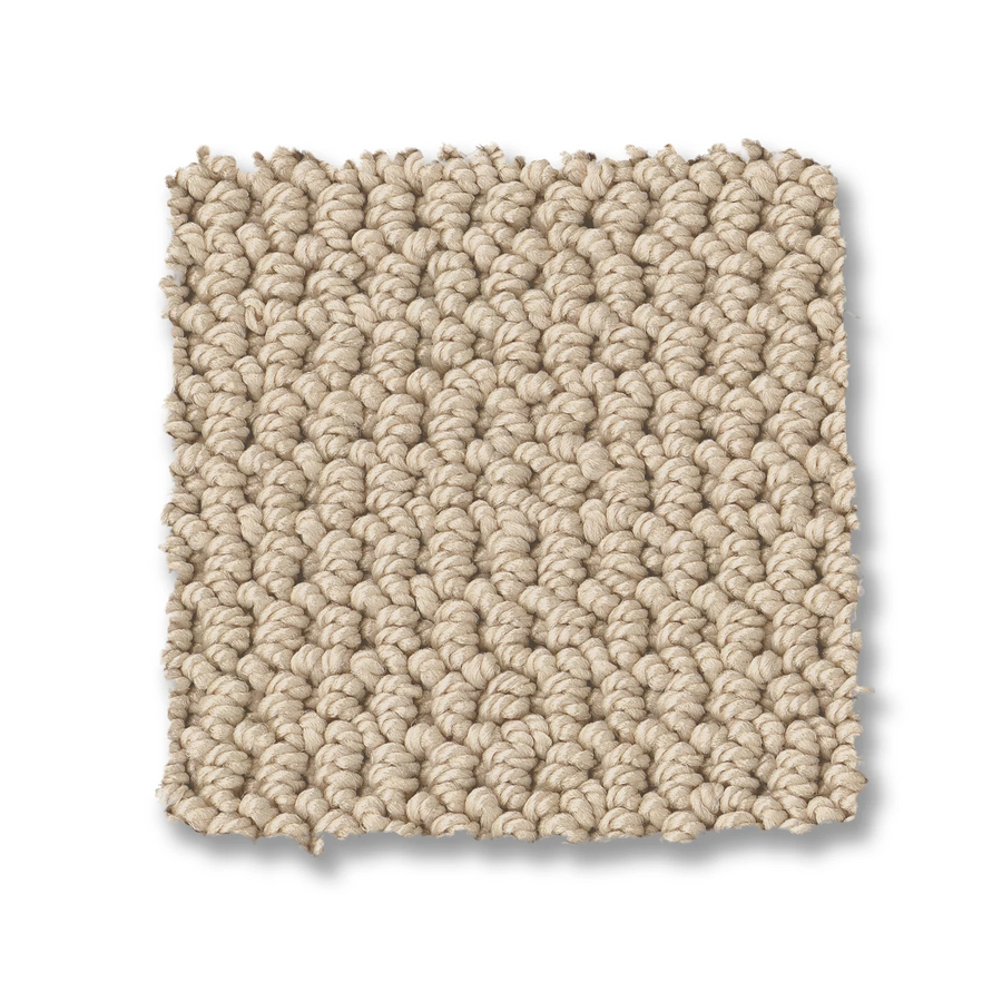 A square sample of Arden Park Berber Carpet features a beige, textured, tightly woven loop pile surface and is shown on a white background.