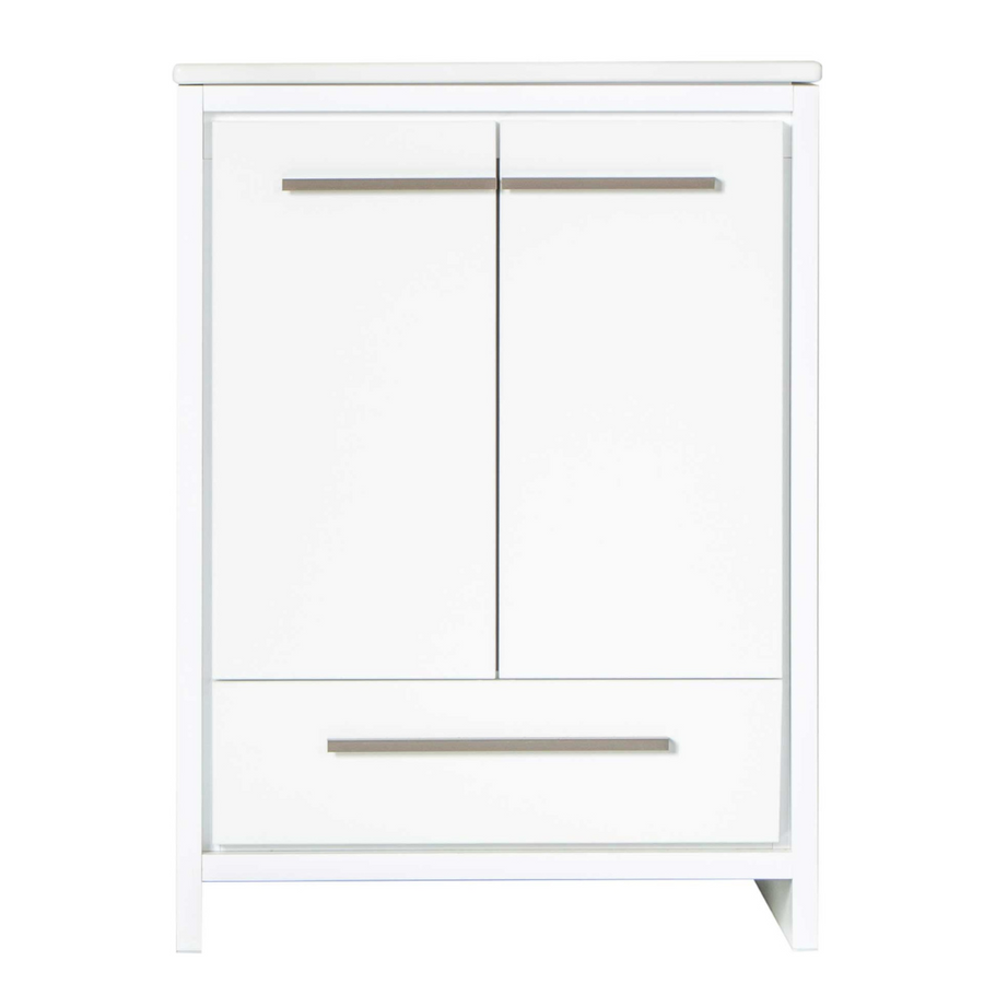 The Arte 26" Vanity features a modern white design with two vertical upper doors and a wide lower horizontal drawer, all accented by sleek silver handles.