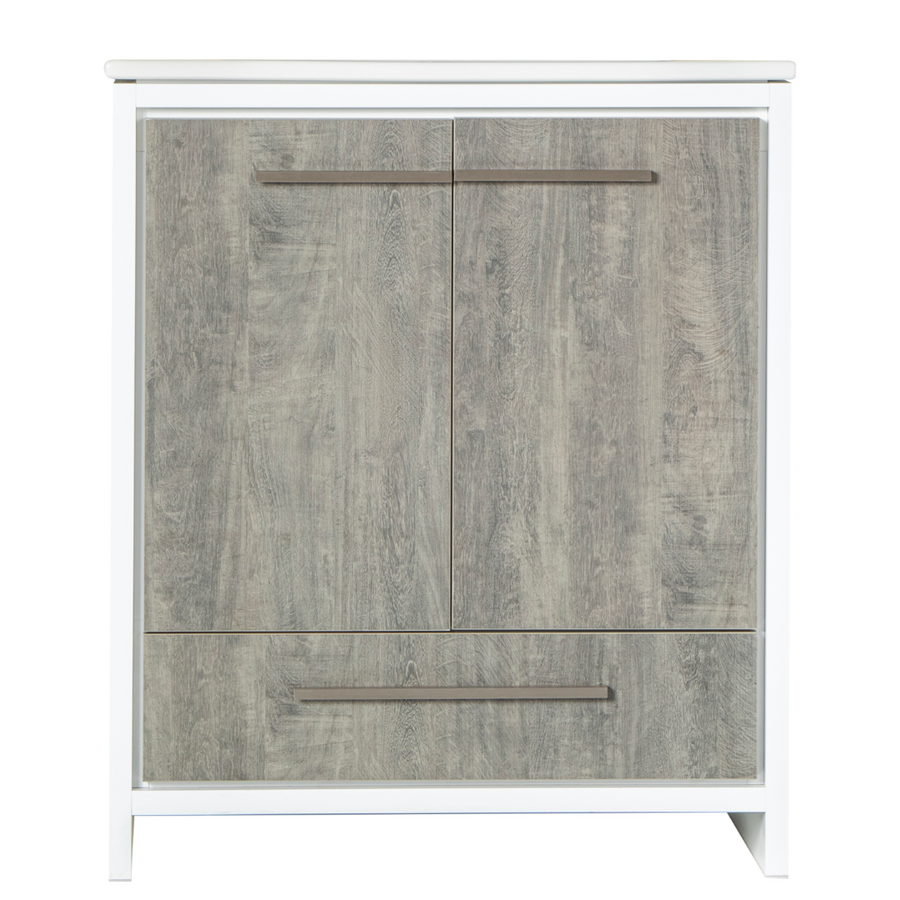 The Arte 30" Vanity features a modern white frame, two large gray wood-patterned doors, a matching lower drawer with long metal handles, and an integrated porcelain sink—ideal for any contemporary bathroom.