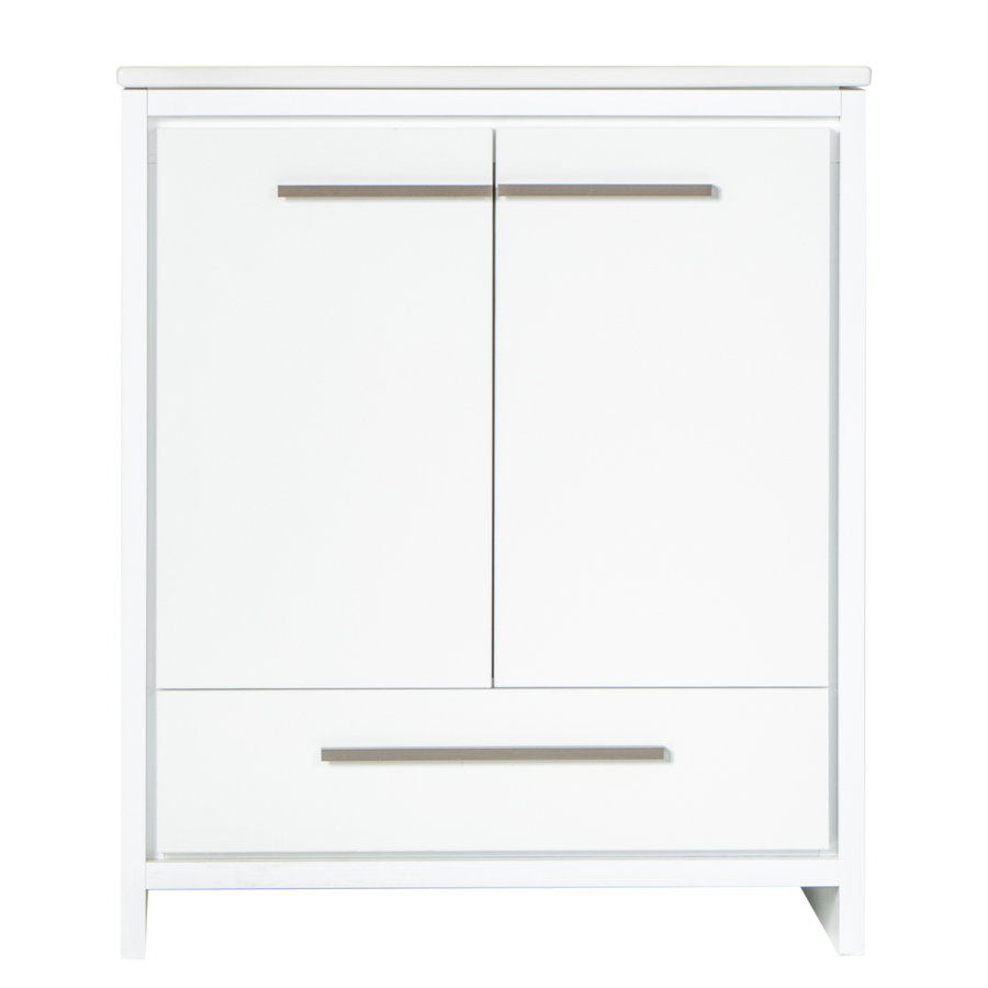 The Arte 30" Vanity showcases a modern design with two doors featuring horizontal silver handles and a single bottom drawer with a matching silver handle, set against a plain background.