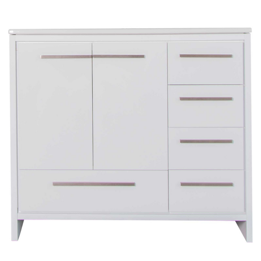 The Arte 39" Vanity features a modern eco-friendly design with a left-side single door, four right-side drawers, sleek silver handles, and pairs perfectly with a porcelain top sink.