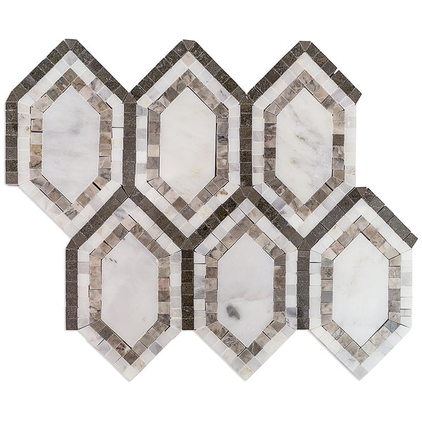 The New Era Long Hex Mosaic features hand-made marble tiles in an interlocking hexagonal pattern, with white and light gray marble centers bordered by dark and light gray for endless design possibilities.