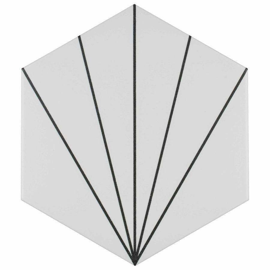 The Aster Hex 8 5/8 x 9 7/8 Patterned Tile is a white hexagon tile with five slim black lines radiating from one corner, forming a bold, fan-like geometric design.