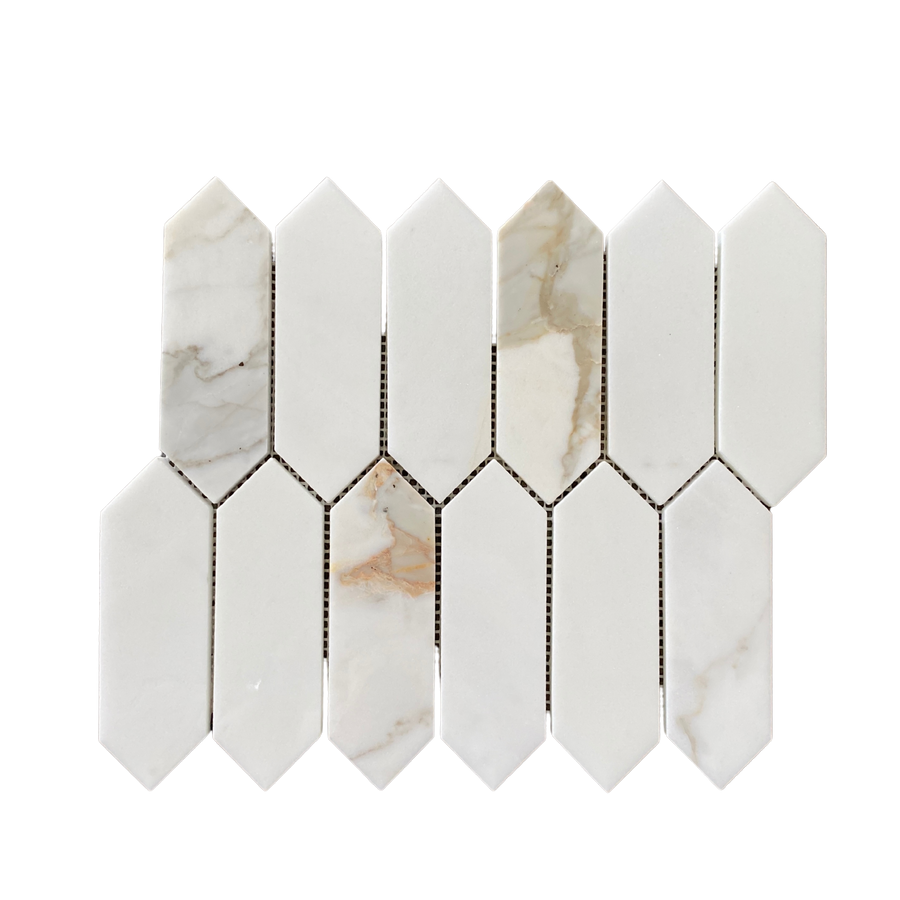 Avenza Picket Calacatta Gold Marble tiles feature a vertical, elongated hexagonal design with subtle gray and light brown veining on a white background for a modern look.