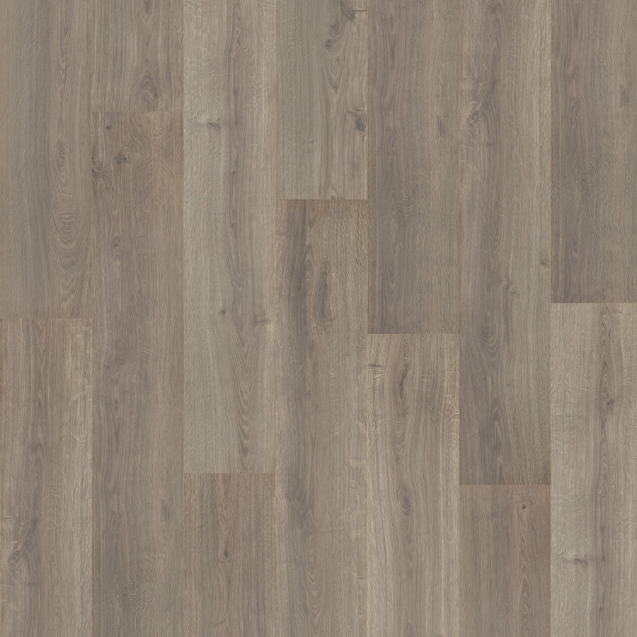 A close-up of Pearl City 8.34" Waterproof Laminate shows light brown and gray, scratch-resistant planks with natural wood grain and texture, arranged in a staggered pattern.