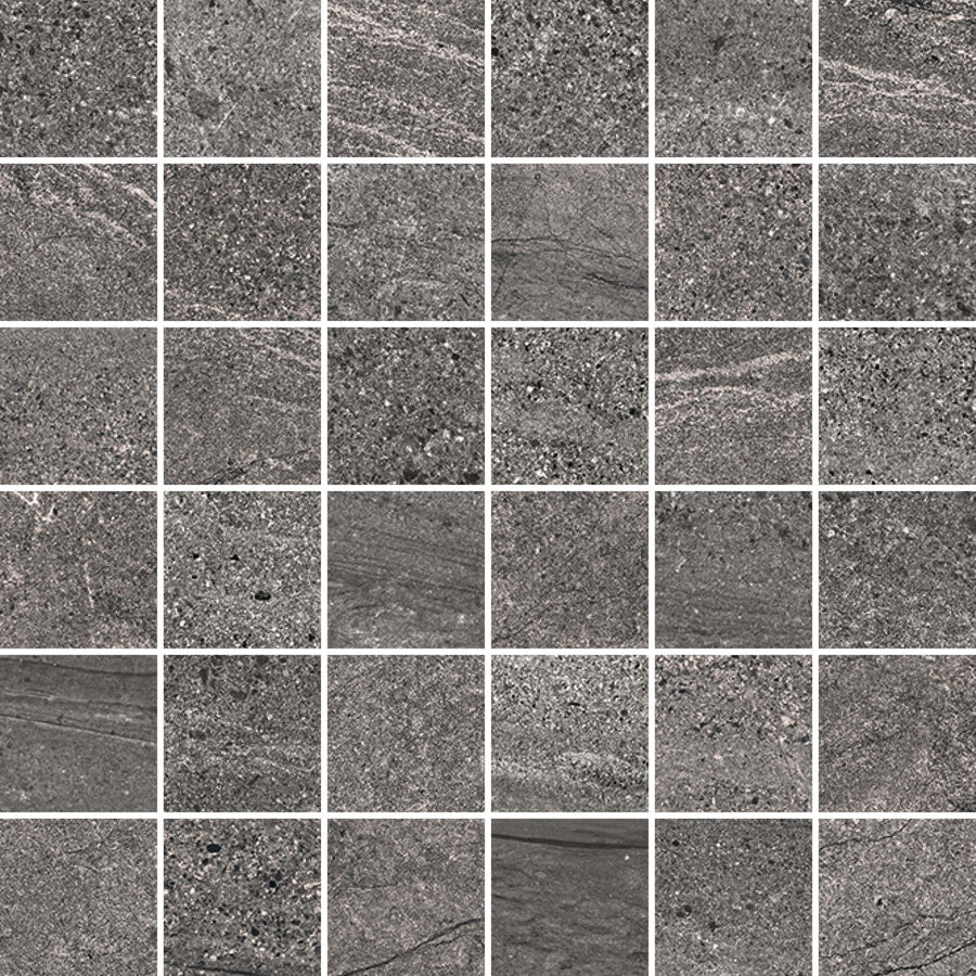A 6x6 grid of Santorini 2x2 Mosaic Porcelain Tiles features square, grey stone-effect tiles with varied textures and subtle patterns, offering a rough, natural look that closely resembles slate or granite.