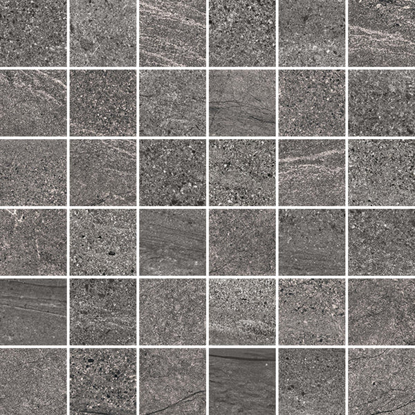 A 6x6 grid of Santorini 2x2 Mosaic Porcelain Tiles features square, grey stone-effect tiles with varied textures and subtle patterns, offering a rough, natural look that closely resembles slate or granite.