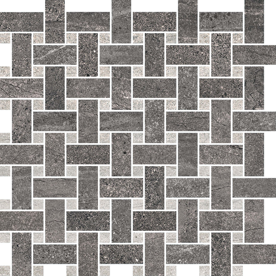 The Santorini Basketweave Mosaic Porcelain Tile features a seamless gray and black rectangular design in an interlocking geometric basket-weave pattern, highlighted with white grout lines.