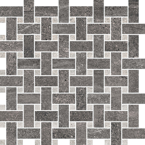 The Santorini Basketweave Mosaic Porcelain Tile features a seamless gray and black rectangular design in an interlocking geometric basket-weave pattern, highlighted with white grout lines.