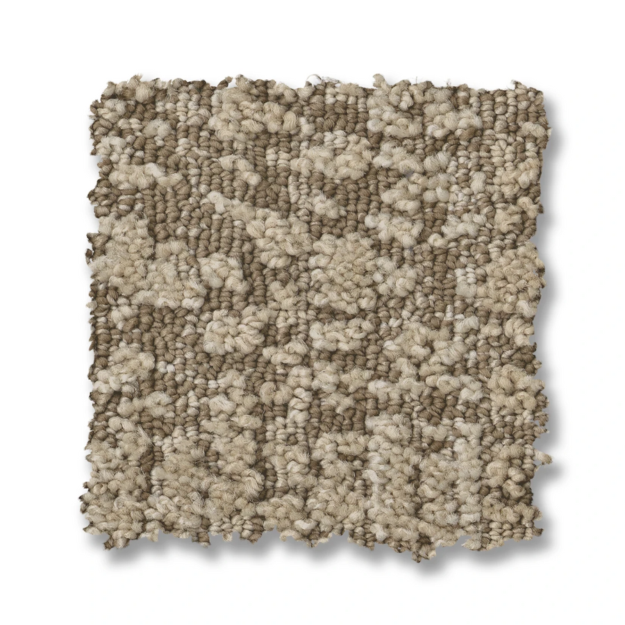 A square sample of Batique On Trend Carpet, showcasing beige and taupe loop pile with geometric textured accents on a white base.