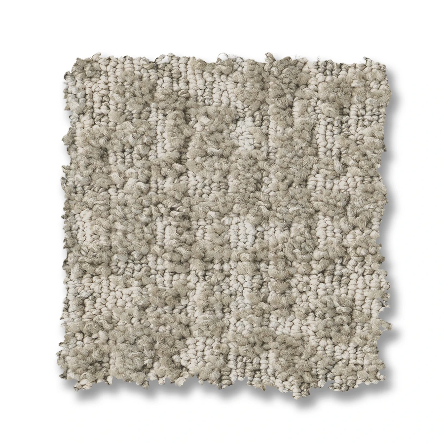 Square swatch of Batique On Trend Carpet in textured beige, showcasing a mix of light and medium tan fibers with an abstract pattern and looped pile design on a white background.