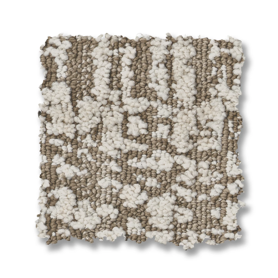 A square swatch of Batique On Trend Carpet with a thick, looped pile in beige and off-white features a textured geometric pattern. The abstract sample is shown on a white background.